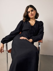 Black Long Sleeve Tie Front Midi Dress - Image 2 of 7