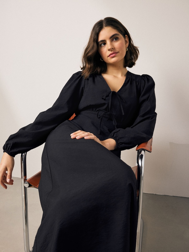 Black Long Sleeve Tie Front Midi Dress - Image 2 of 7