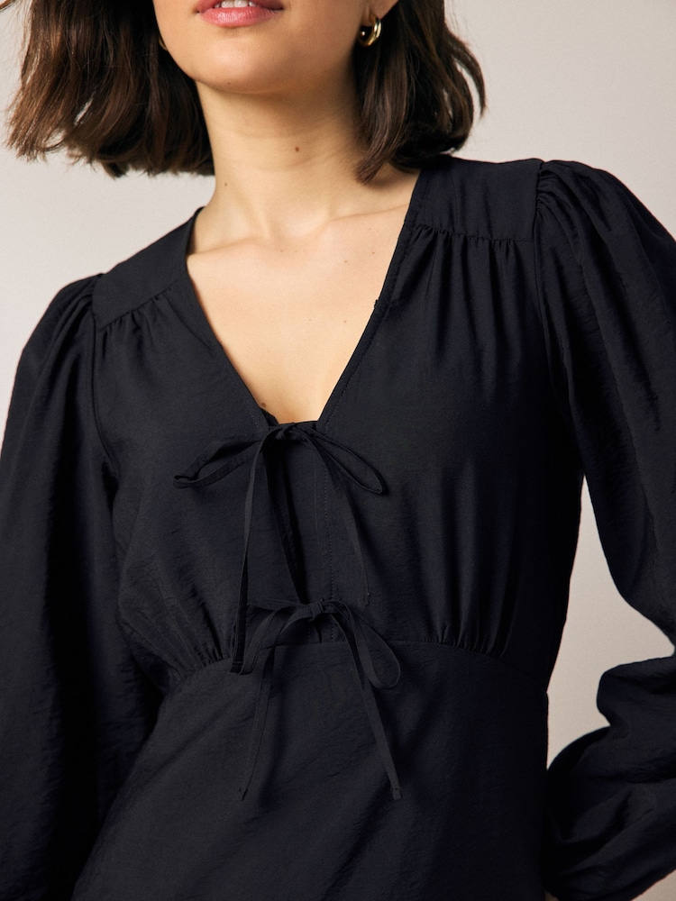 Buy Black Long Sleeve Tie Front Midi Dress from Next USA