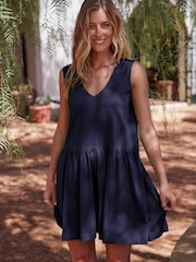 Navy Blue 100% Cotton V-Neck Jersey Mini Summer Dress - Image 1 of 7
