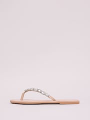 Lipsy Nude Standard Fit Real Leather Flat Toe Thong Gem Embellished Sandals - Image 5 of 5