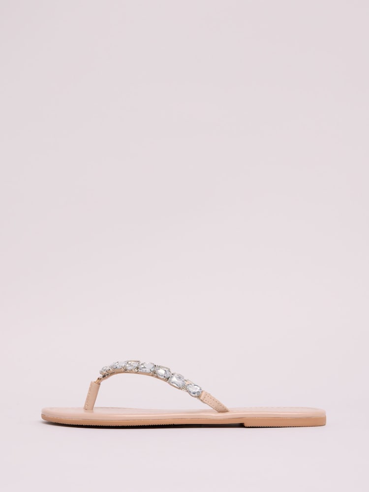Lipsy Nude Standard Fit Real Leather Flat Toe Thong Gem Embellished Sandals - Image 5 of 5