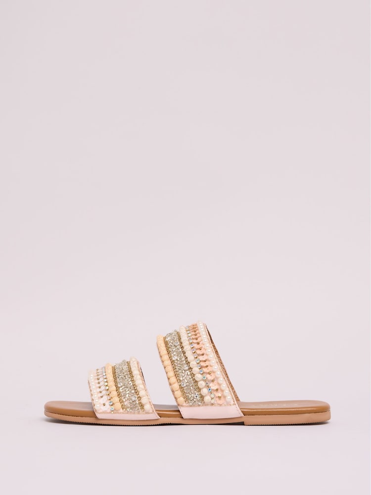 Lipsy Multi Multi Strap Beaded Mule Flat Real Leather Sandals - Image 5 of 5