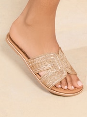 Lipsy Rose Gold Metallic Mule Flat Real Leather Sandals - Image 4 of 5