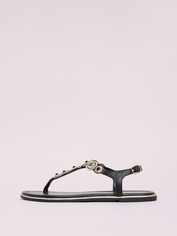 Lipsy Black Wide Fit Leather Flat Embellished Trim Strappy Sandals - Image 5 of 5