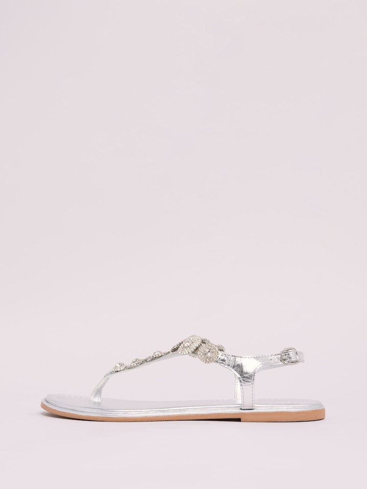 Lipsy Silver Standard Fit Leather Flat Embellished Trim Strappy Sandals - Image 5 of 5