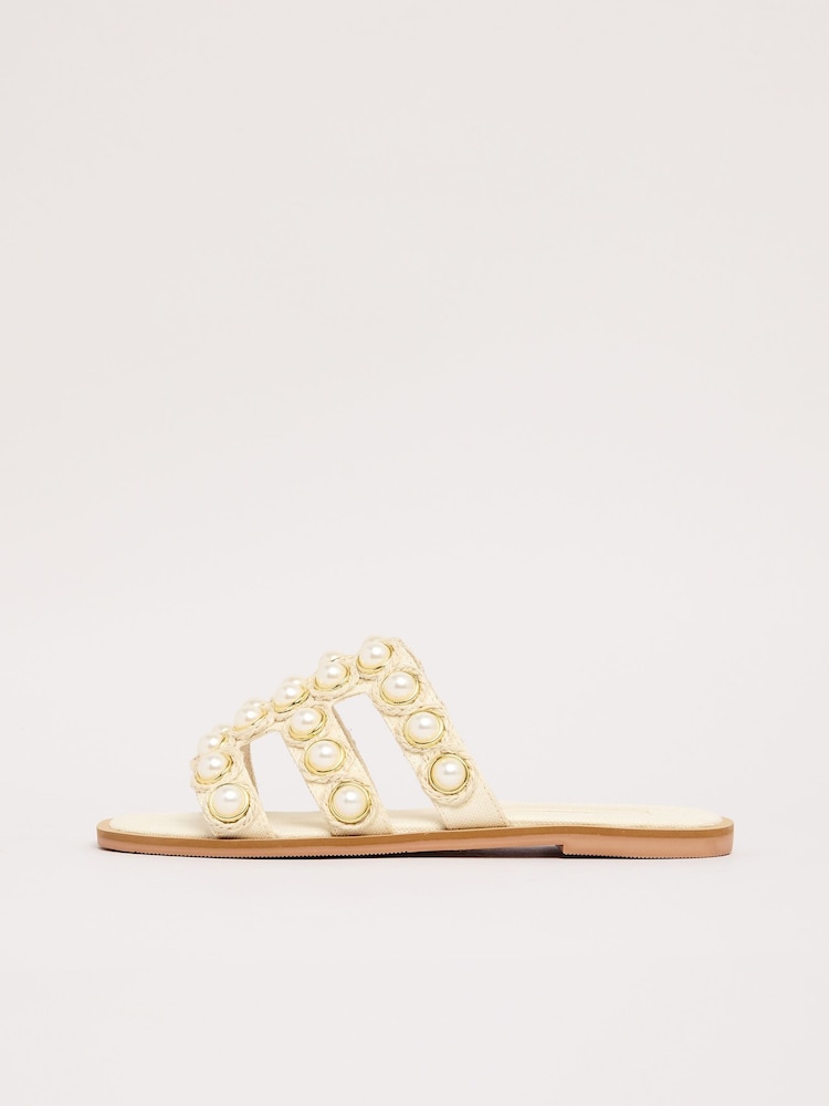 Lipsy Neutral Flat Raffia Pearl Mule Sandals - Image 5 of 5