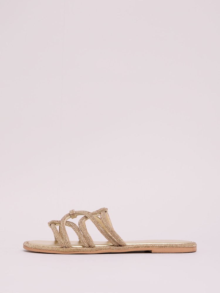 Lipsy Gold Flat Embellished Knot Slider Mule Real Leather Sandals - Image 5 of 5