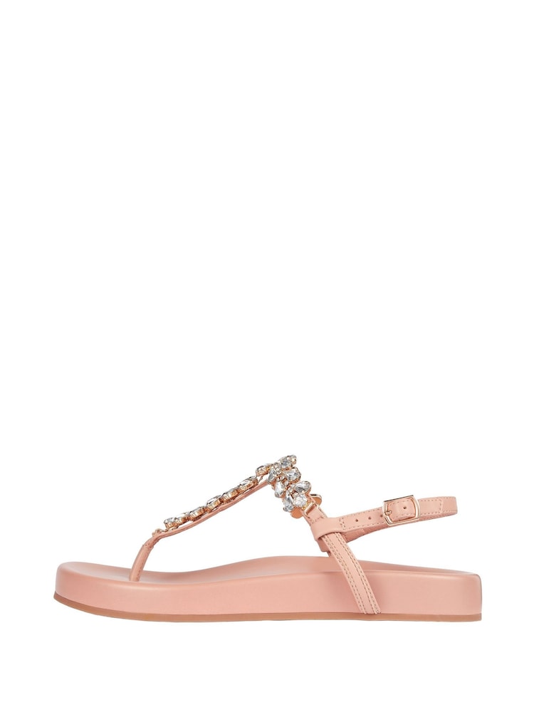 Lipsy Nude Standard Fit Flat Embellished Comfort Gem Toe Post Faux Leather Footbed Sandals - Image 5 of 5