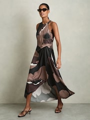 Reiss Brown Michalie Satin Floral Tuck Midi Dress - Image 1 of 6