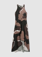 Reiss Brown Michalie Satin Floral Tuck Midi Dress - Image 3 of 6