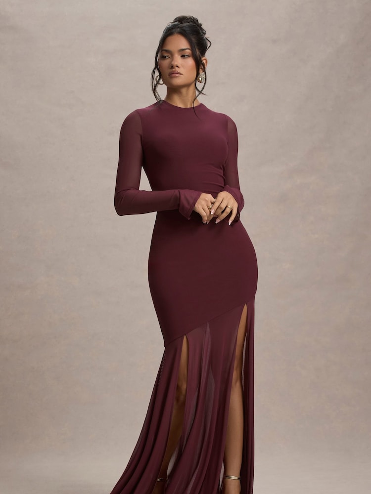 Club L London Red Tigerlily Mesh Long-Sleeve Open Back Maxi Dress - Image 1 of 7