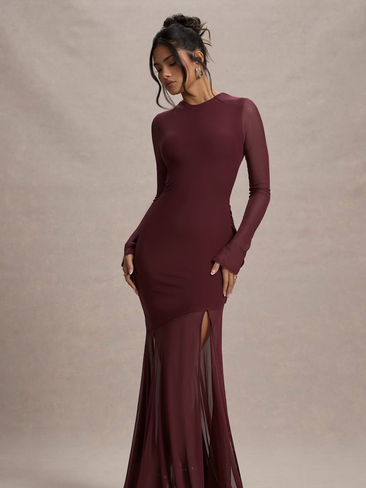 Club L London Red Tigerlily Mesh Long-Sleeve Open Back Maxi Dress - Image 2 of 7
