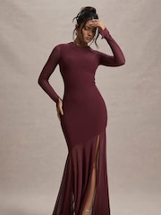 Club L London Red Tigerlily Mesh Long-Sleeve Open Back Maxi Dress - Image 6 of 7
