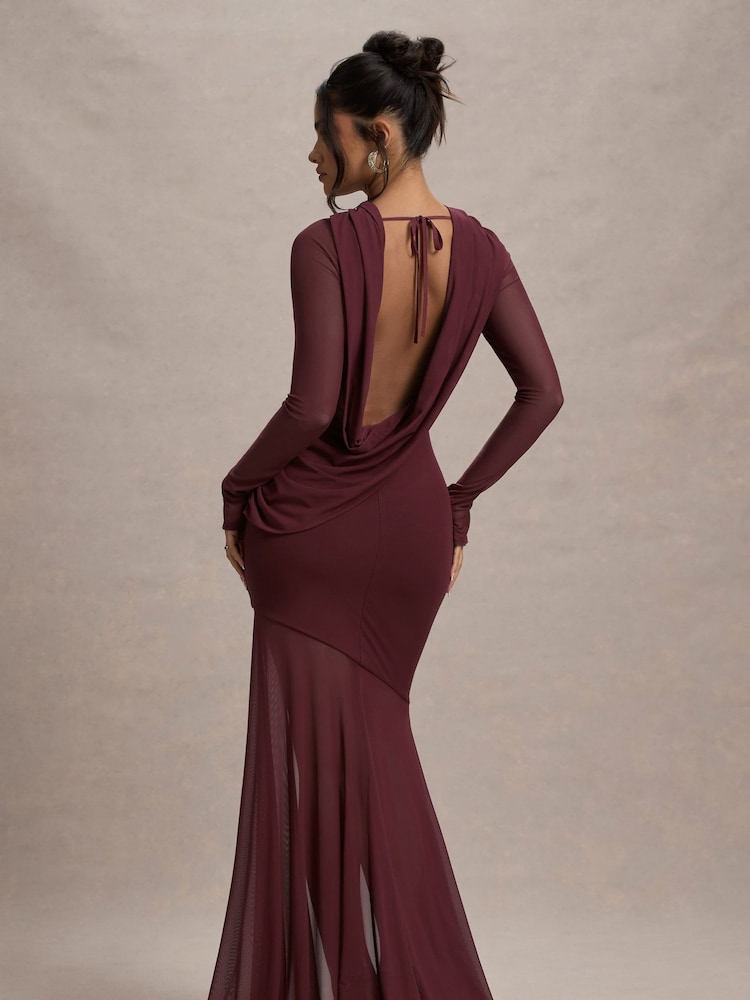 Club L London Red Tigerlily Mesh Long-Sleeve Open Back Maxi Dress - Image 7 of 7