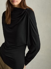 Reiss Black Daisy Draped Jersey Long-Sleeve Top - Image 4 of 6