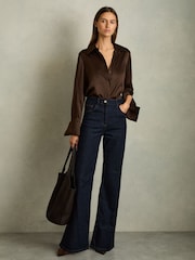 Reiss Chocolate Hailey Silk Double-Cuff Button-Through Shirt - Image 1 of 6