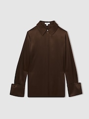 Reiss Chocolate Hailey Silk Double-Cuff Button-Through Shirt - Image 2 of 6