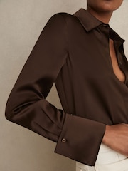 Reiss Chocolate Hailey Silk Double-Cuff Button-Through Shirt - Image 3 of 6