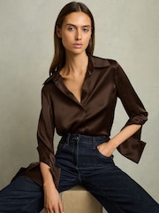 Reiss Chocolate Hailey Silk Double-Cuff Button-Through Shirt - Image 4 of 6