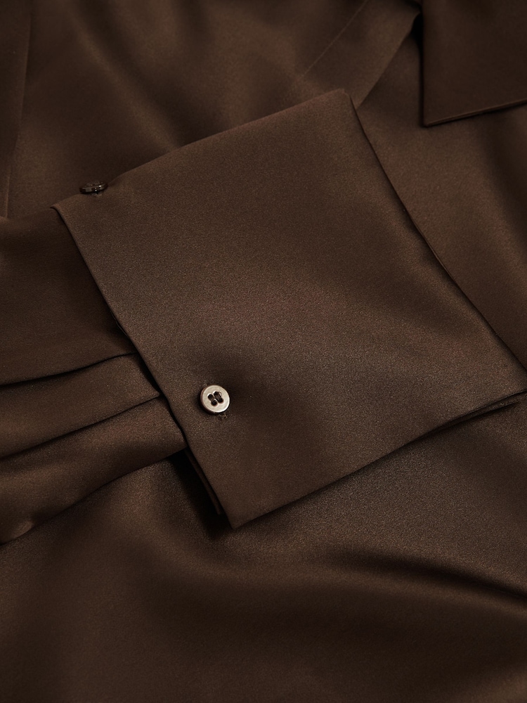 Reiss Chocolate Hailey Silk Double-Cuff Button-Through Shirt - Image 6 of 6