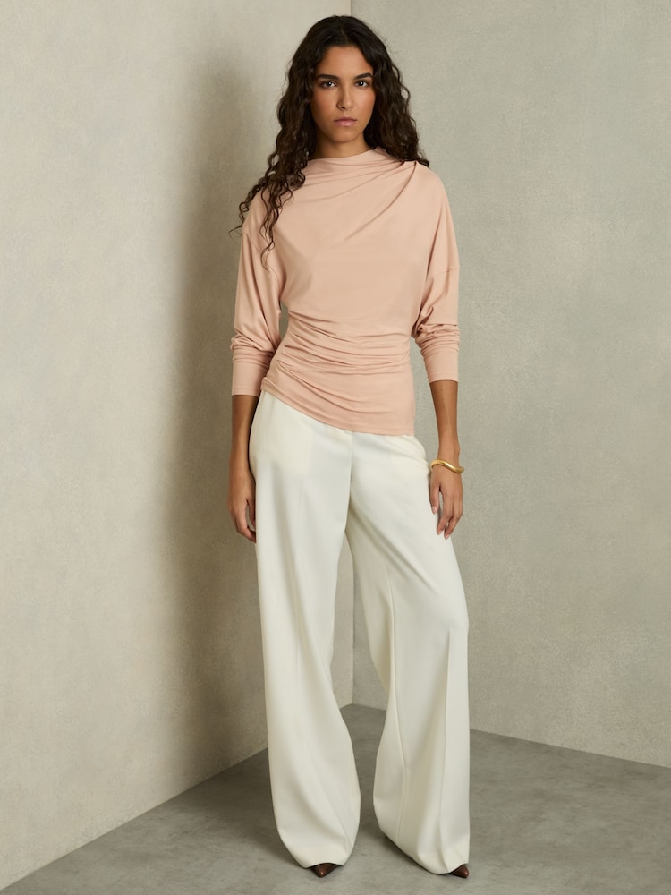 Reiss Blush Daisy Draped Jersey Long-Sleeve Top - Image 1 of 5