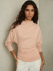 Reiss Blush Daisy Draped Jersey Long-Sleeve Top - Image 3 of 5