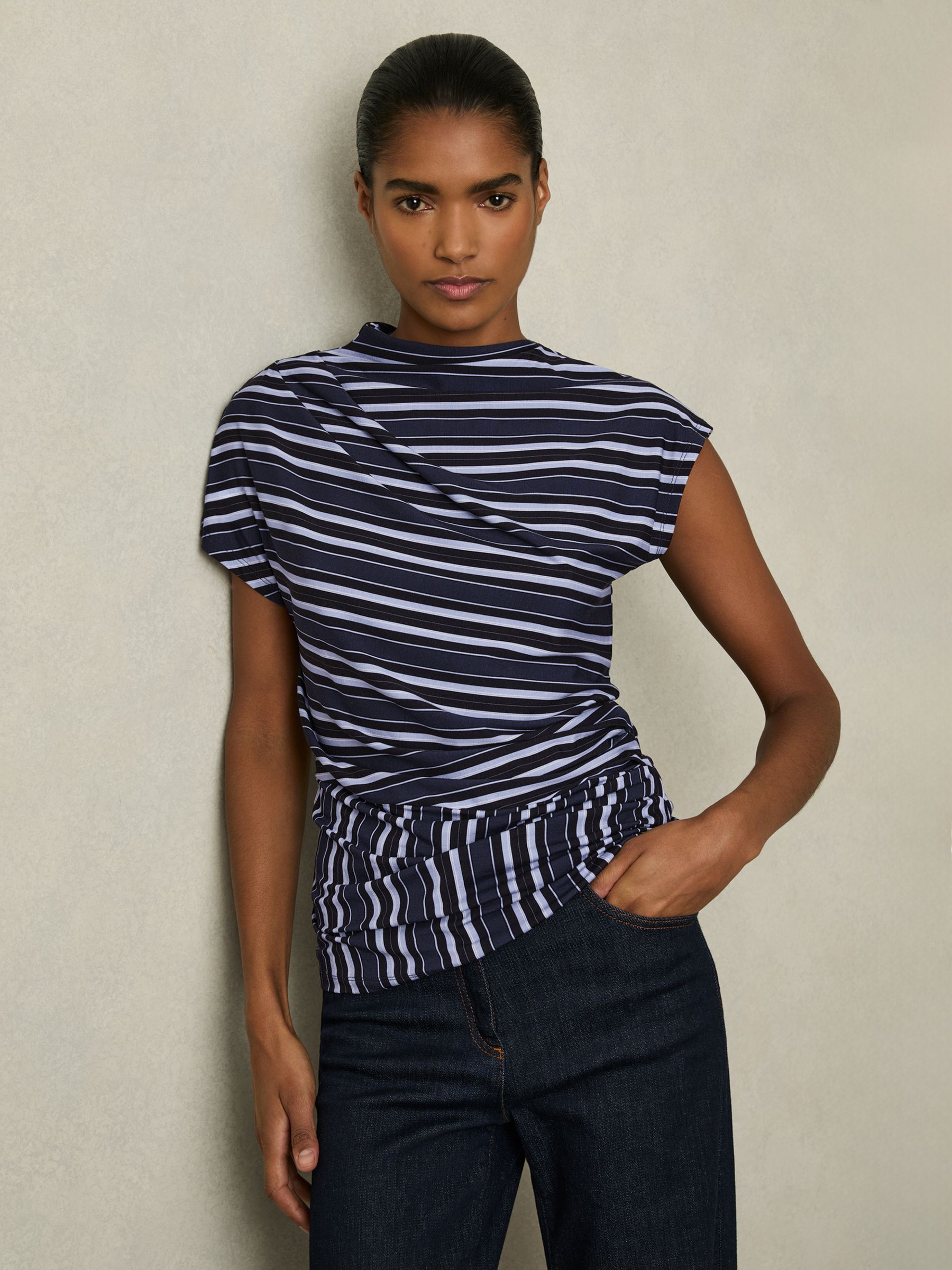 REISS BLUE STRIPE-PRINT DRAPED TOP