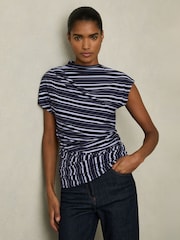 Reiss Blue Dillon Stripe-Print Draped Top - Image 1 of 6