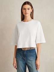Reiss White Alex Stretch-Cotton Cropped T-Shirt - Image 1 of 6