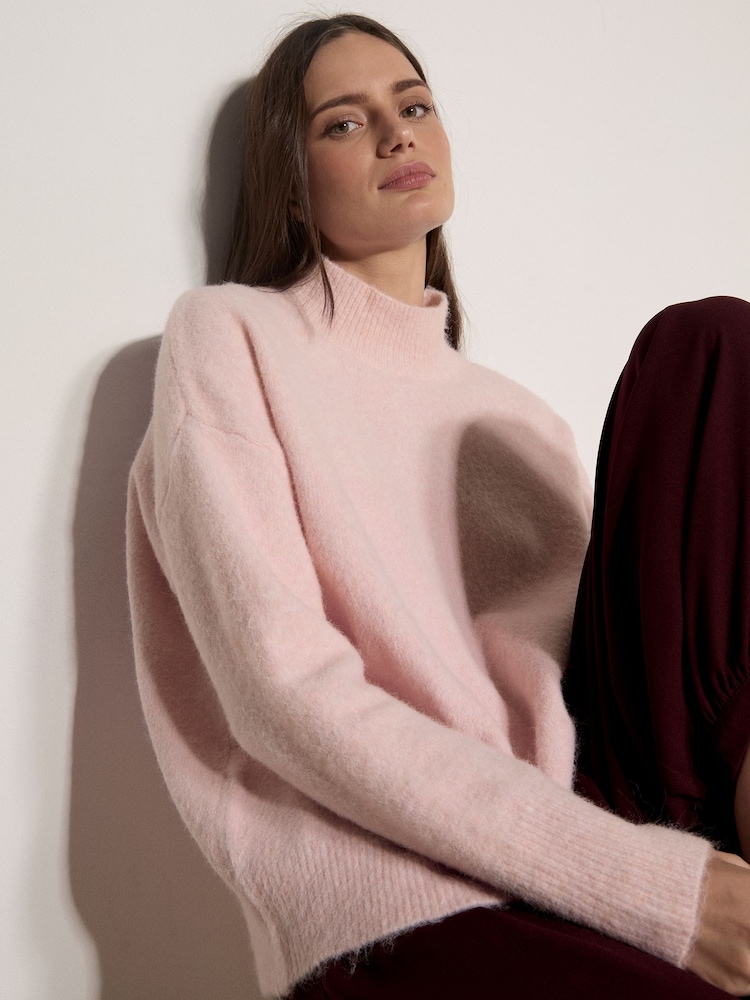 Apricot Pink Bouclé Knit Mock Neck Jumper - Image 1 of 4 Apricot Pink Bouclé Knit Mock Neck Jumper - Image 1 of 4