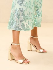 Lipsy Gold Wide Fit High Block Heel Faux Leather Sandals - Image 1 of 5