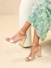 Lipsy Gold Wide Fit High Block Heel Faux Leather Sandals - Image 2 of 5