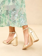 Lipsy Gold Wide Fit High Block Heel Faux Leather Sandals - Image 3 of 5