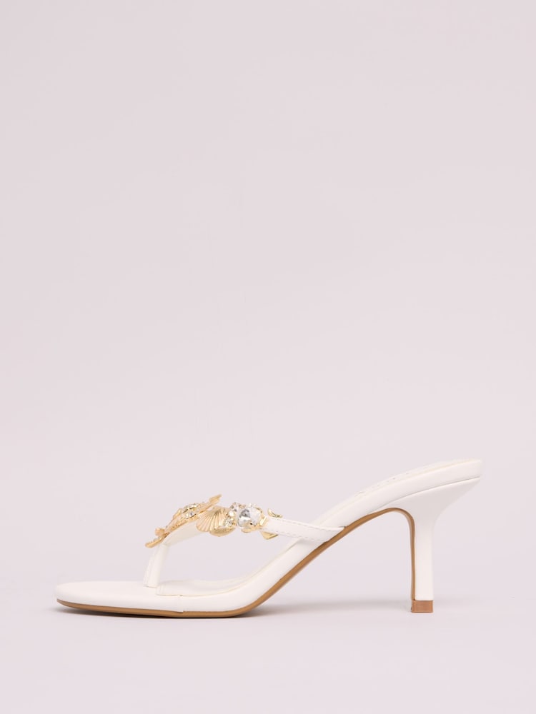 White - Lipsy Kitten Heel Shell Charm Faux Leather Flip Flop Sandals - Image 5 of 5 White - Lipsy Kitten Heel Shell Charm Faux Leather Flip Flop Sandals - Image 5 of 5