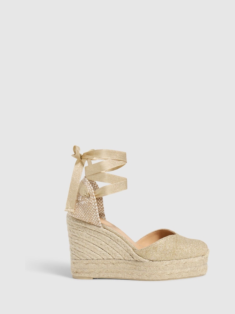 Castaner Gold Platform Wedge Heel Ankle Tie Metallic Linen Espadrilles - Imagen 1 de 5