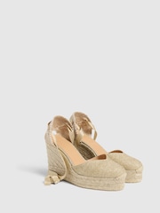 Castaner Gold Platform Wedge Heel Ankle Tie Metallic Linen Espadrilles - Imagen 2 de 5