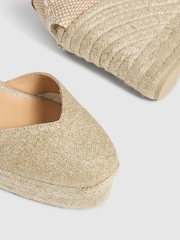 Castaner Gold Platform Wedge Heel Ankle Tie Metallic Linen Espadrilles - Imagen 4 de 5