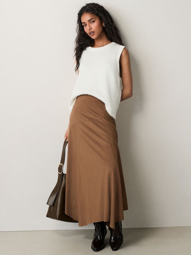 Brown Faux Suede Asymmetric Hem Midi Skirt - Image 1 of 7 Brown Faux Suede Asymmetric Hem Midi Skirt - Image 1 of 7