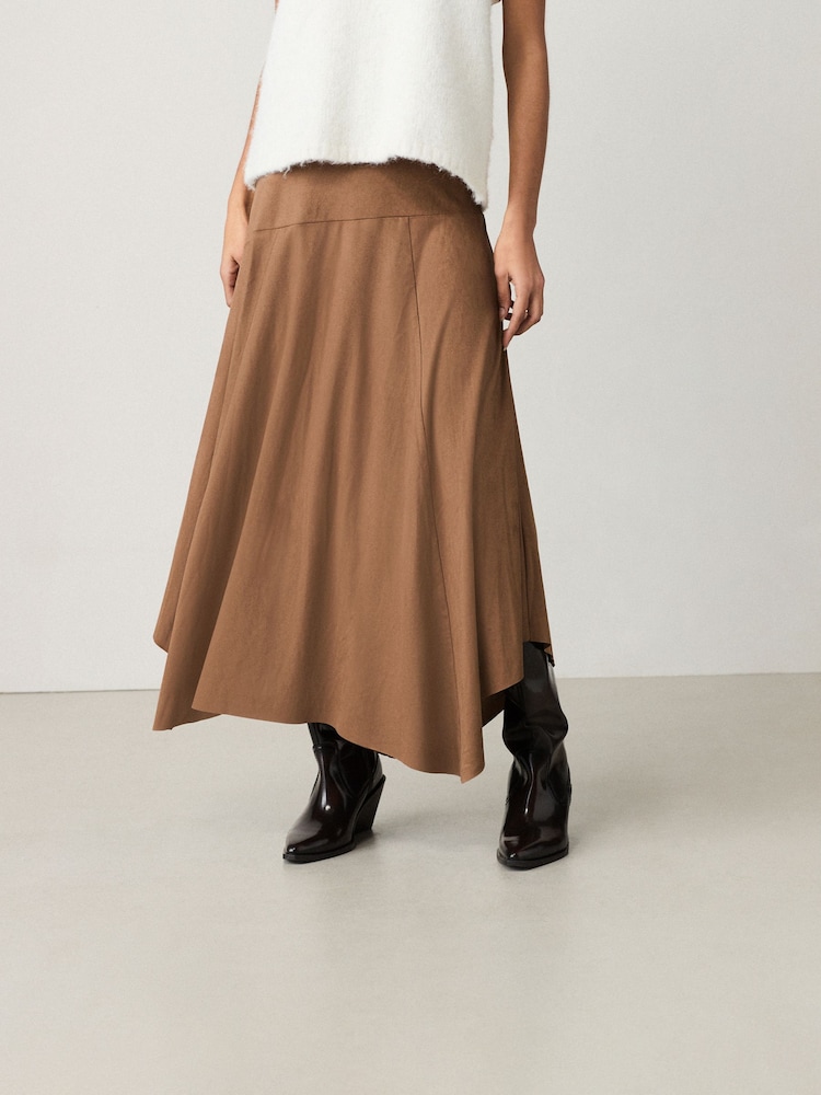 Brown Faux Suede Asymmetric Hem Midi Skirt - Image 2 of 7 Brown Faux Suede Asymmetric Hem Midi Skirt - Image 2 of 7