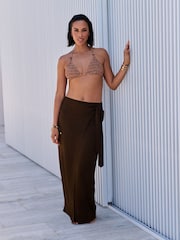 Chocolate Brown Maxi Sarong Skirt with Linen - Image 1 of 10