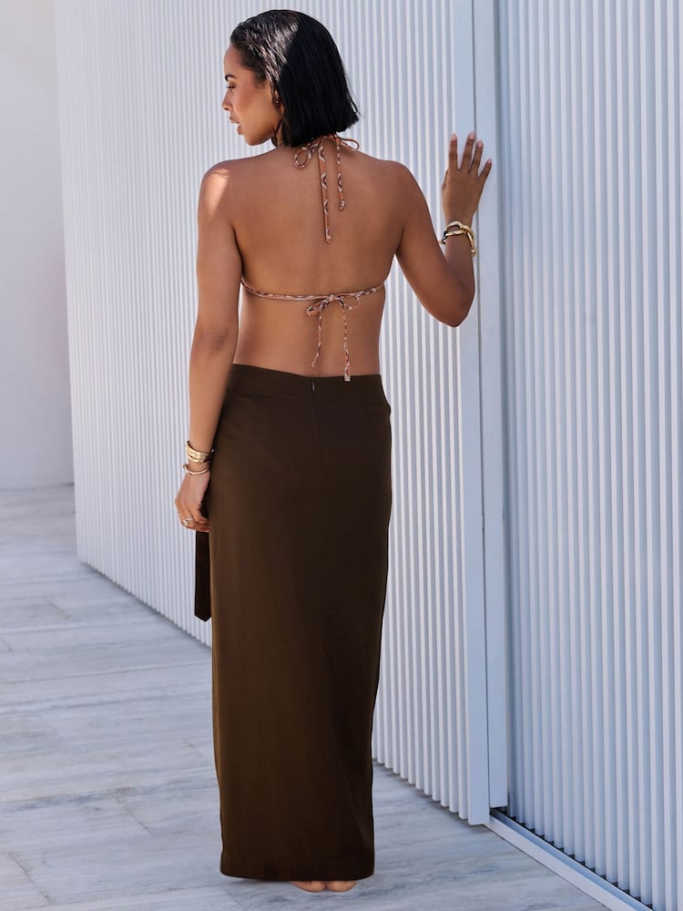 Chocolate Brown Maxi Sarong Skirt with Linen - Image 3 of 8