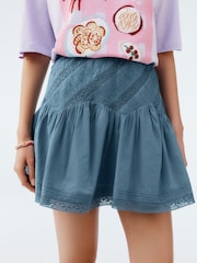 Blue Lace Detail Mini 100% Cotton Skirt - Image 1 of 7