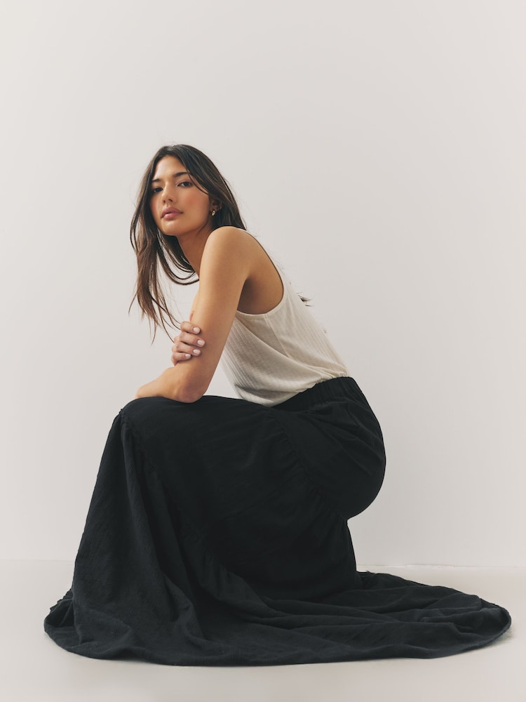 Black 100% Cotton Tiered Maxi Skirt - Image 1 of 9