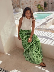 Green Feather Print 100% Cotton Tiered Maxi Skirt - Image 2 of 9