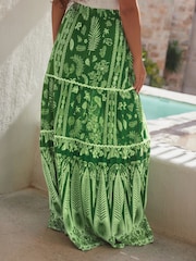 Green Feather Print 100% Cotton Tiered Maxi Skirt - Image 3 of 9