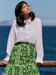 Green Feather Print 100% Cotton Tiered Maxi Skirt - Image 4 of 9