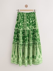 Green Feather Print 100% Cotton Tiered Maxi Skirt - Image 7 of 9