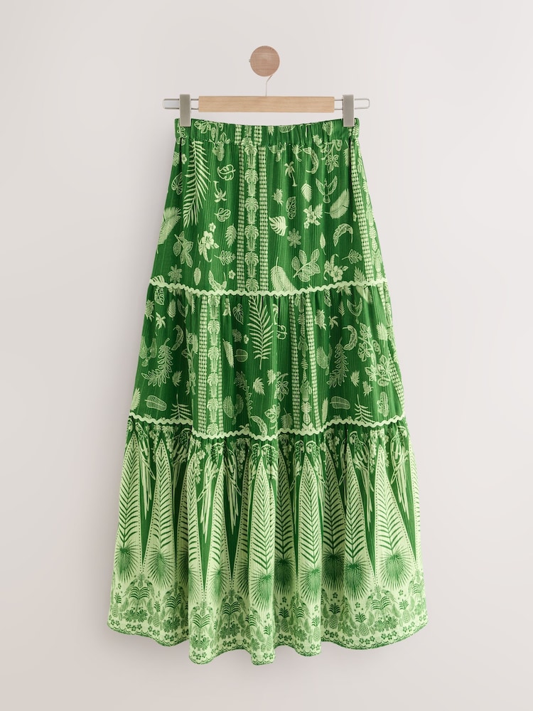 Green Feather Print 100% Cotton Tiered Maxi Skirt - Image 7 of 9