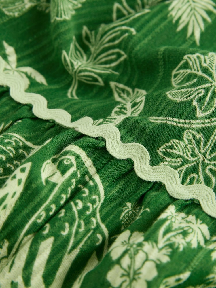 Green Feather Print 100% Cotton Tiered Maxi Skirt - Image 9 of 9
